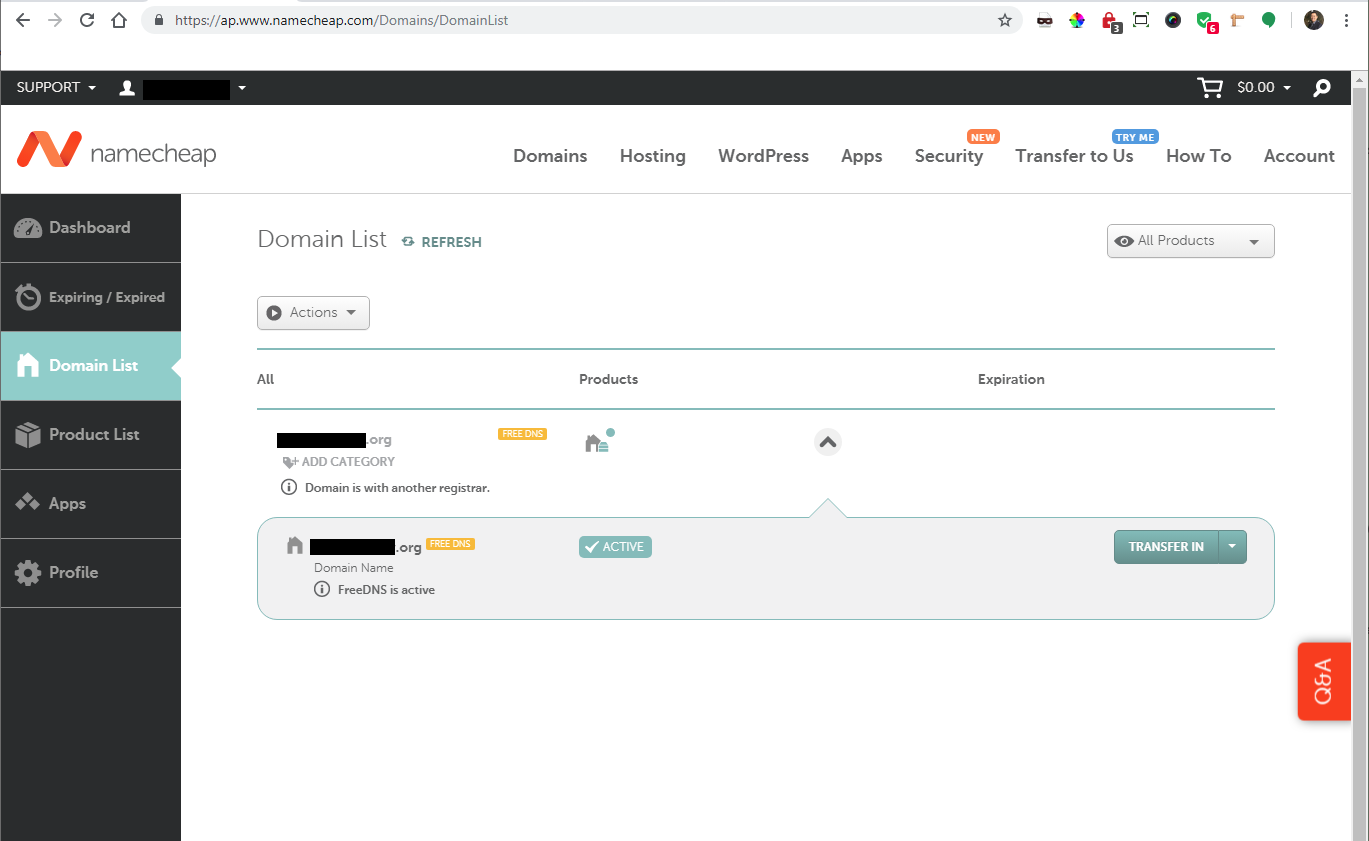 This is how your Namecheap Domains dashboard should look. Click "Transfer In" when you're ready to pull the trigger.