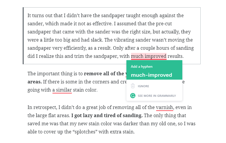 Grammarly corrections in WordPress Gutenberg