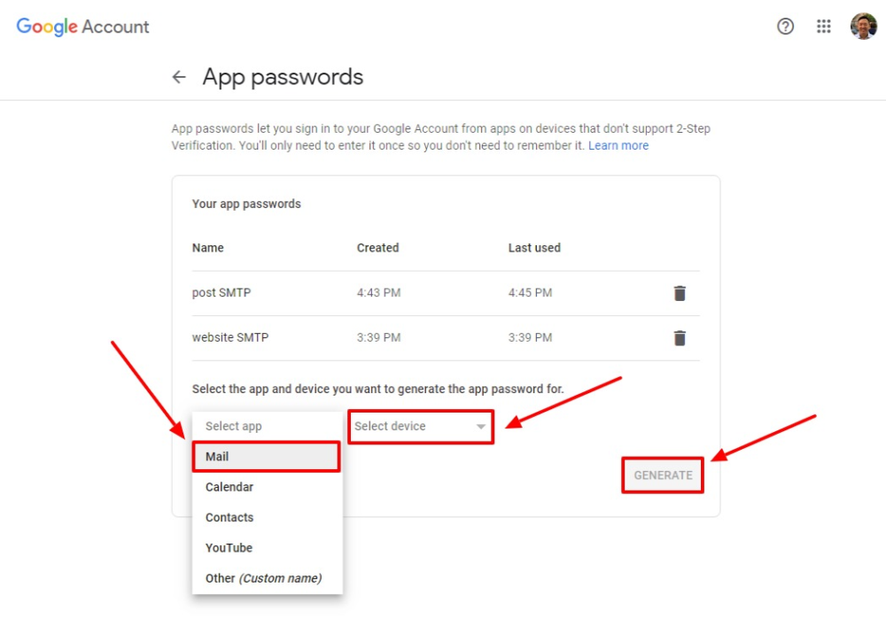 App password settings in Google